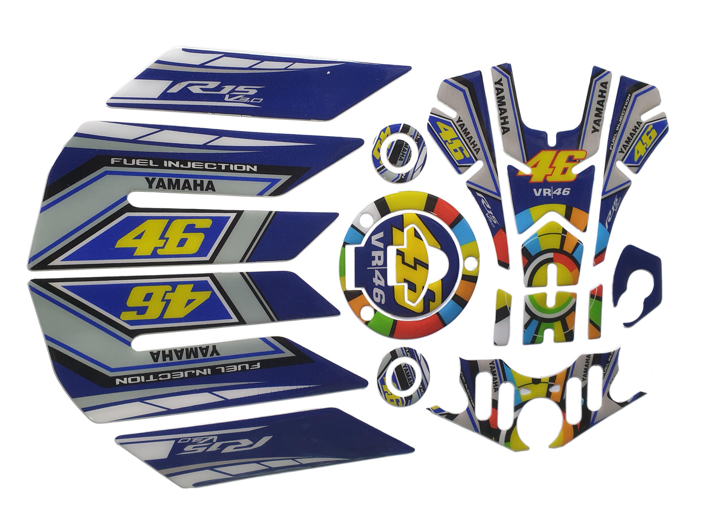 Yamaha R15 V3 Large Tank Pad Combo With Thigh/Knee Pad, T Plate, Ignition Lock Pad & Fork Top Sticker VR46 ME Theme