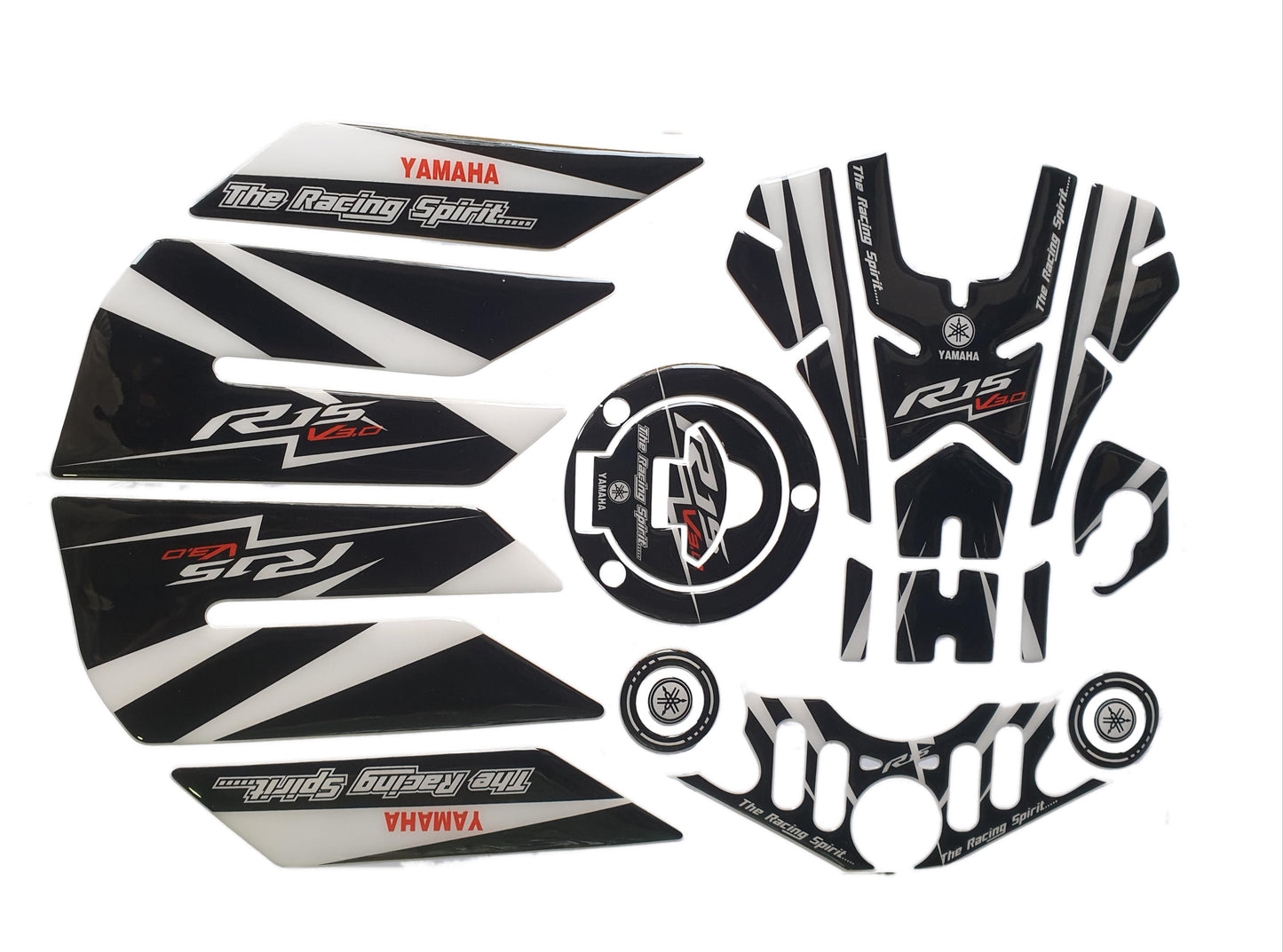 Yamaha R15 V3 Large Tank Pad Combo With Thigh/Knee Pad, T Plate, Ignition Lock Pad & Fork Top Sticker VR46 ME Theme