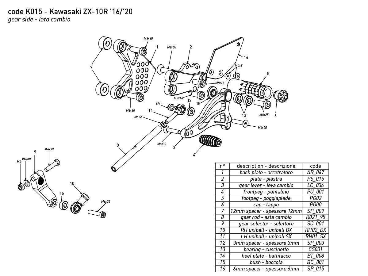 BONAMICI RACING ADJUSTABLE REAR SETS KIT KAWASAKI ZX-10 R 2016-2020