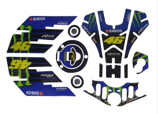 Yamaha R15 V3 Large Tank Pad Combo With Thigh/Knee Pad, T Plate, Ignition Lock Pad & Fork Top Sticker VR46 ME Theme Blue-Black