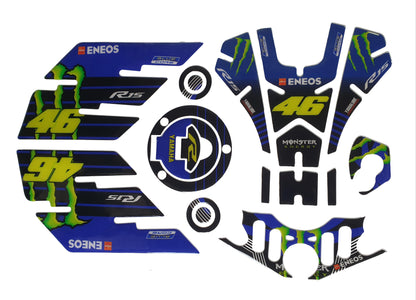 Yamaha R15 V3 Large Tank Pad Combo With Thigh/Knee Pad, T Plate, Ignition Lock Pad & Fork Top Sticker VR46 ME Theme