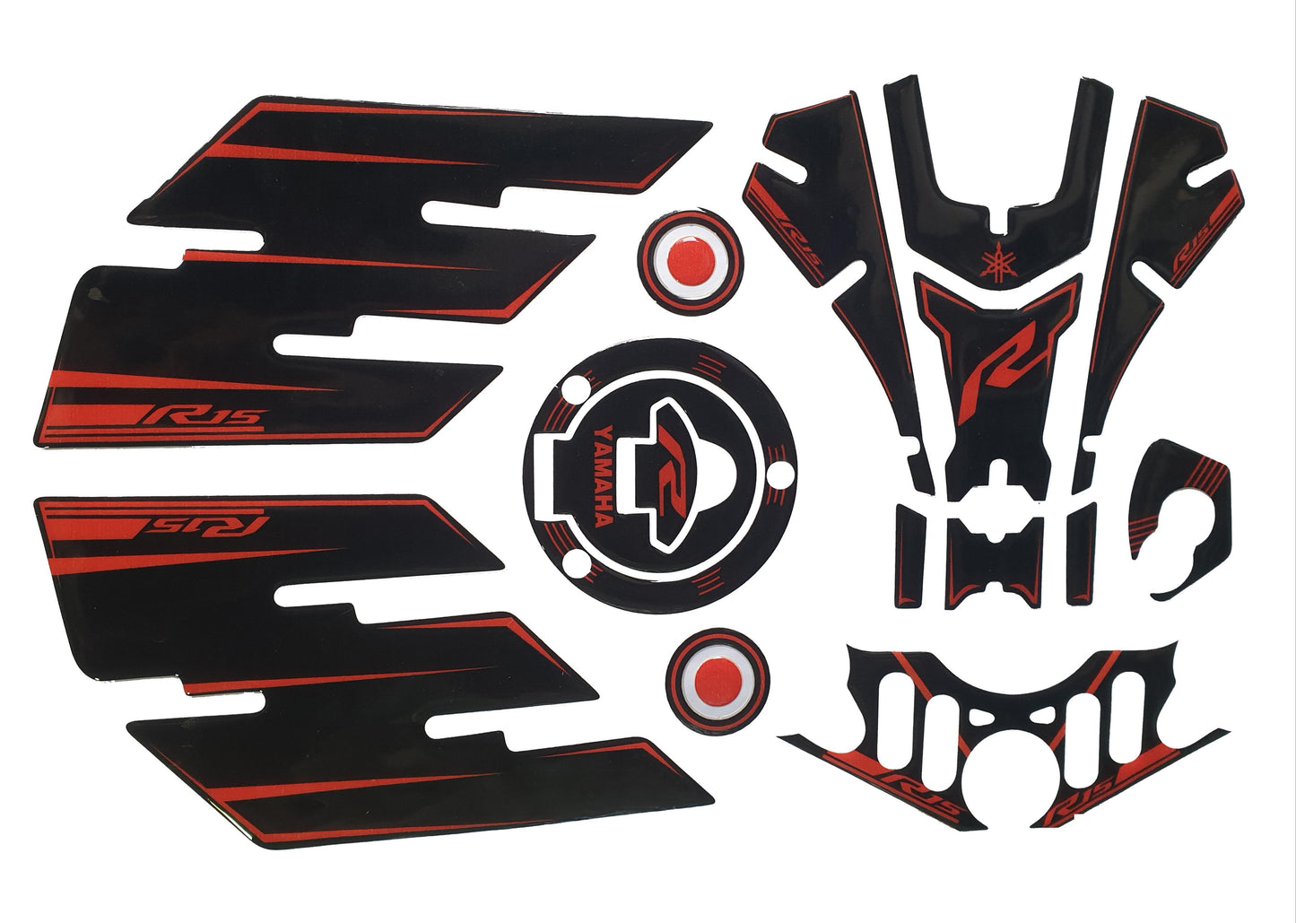 Yamaha R15 V3 Large Tank Pad Combo With Thigh/Knee Pad, T Plate, Ignition Lock Pad & Fork Top Sticker VR46 ME Theme