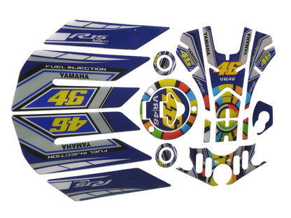 Yamaha R15 V3 Large Tank Pad Combo With Thigh/Knee Pad, T Plate, Ignition Lock Pad & Fork Top Sticker VR46 ME Theme
