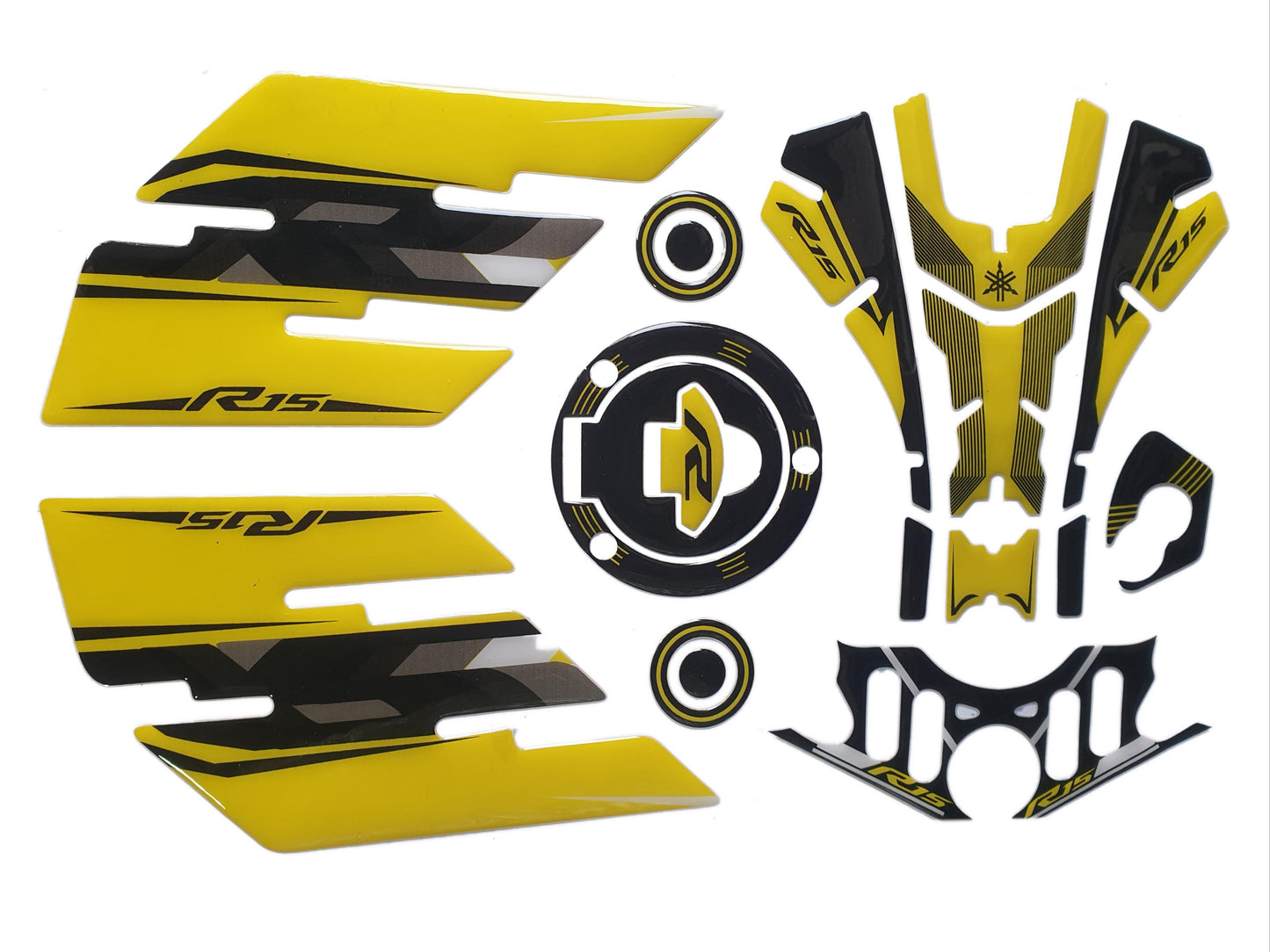 Yamaha R15 V3 Large Tank Pad Combo With Thigh/Knee Pad, T Plate, Ignition Lock Pad & Fork Top Sticker VR46 ME Theme